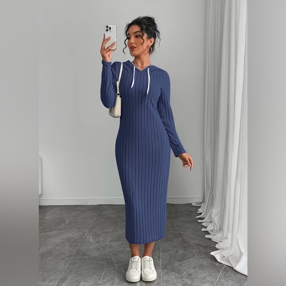 The Real Clean Company Dresses & Skirts - Elegant Blue Ribbed Cozy Knit Hoodie Dress breathable lightweight material New